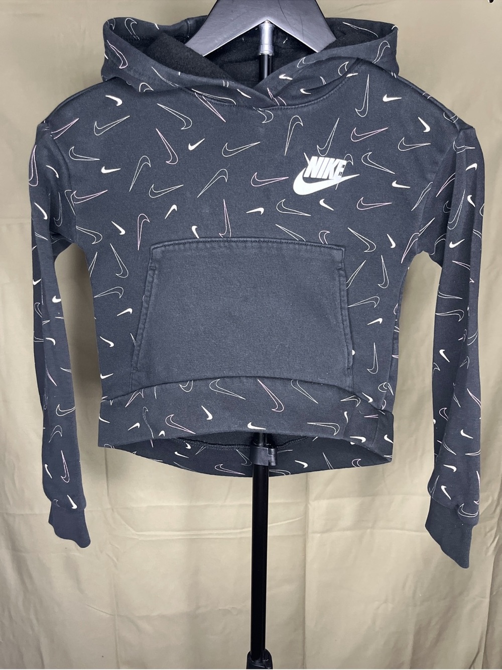 Nike Black Cropped Hoodie with Allover Swoosh  Print Kids Size Small